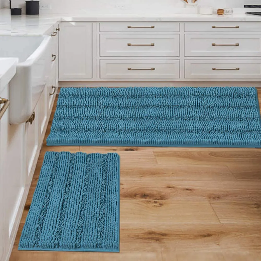 Bathroom Rugs,  Super Absorbent Chenille Striped Non Skid Machine Wash Dry Rugs, Set of 2, 47 x 17 Plus 17 x 24 Inches