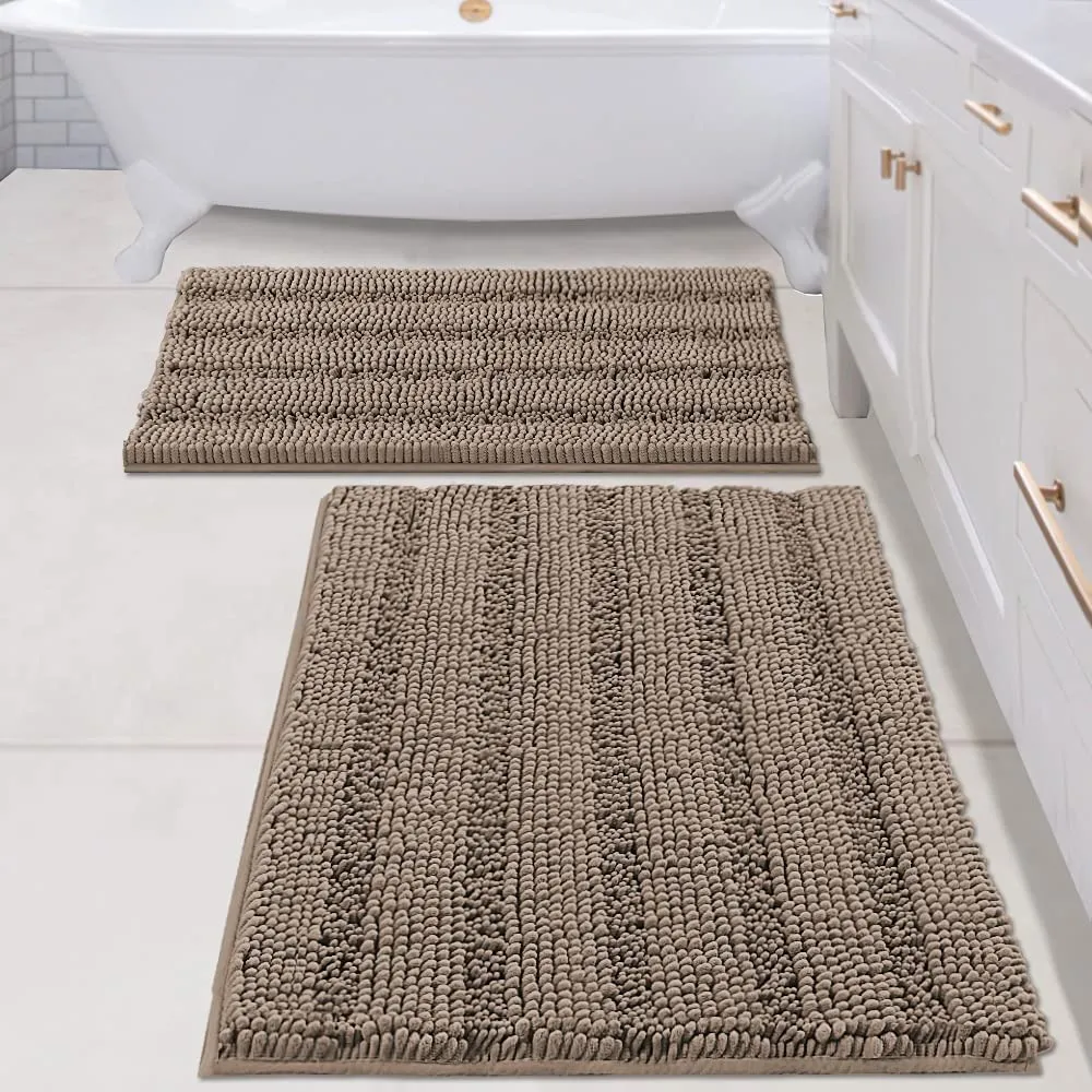 Bathroom Rugs,  Super Absorbent Chenille Striped Non Skid Machine Wash Dry Rugs, Set of 2, 47 x 17 Plus 17 x 24 Inches