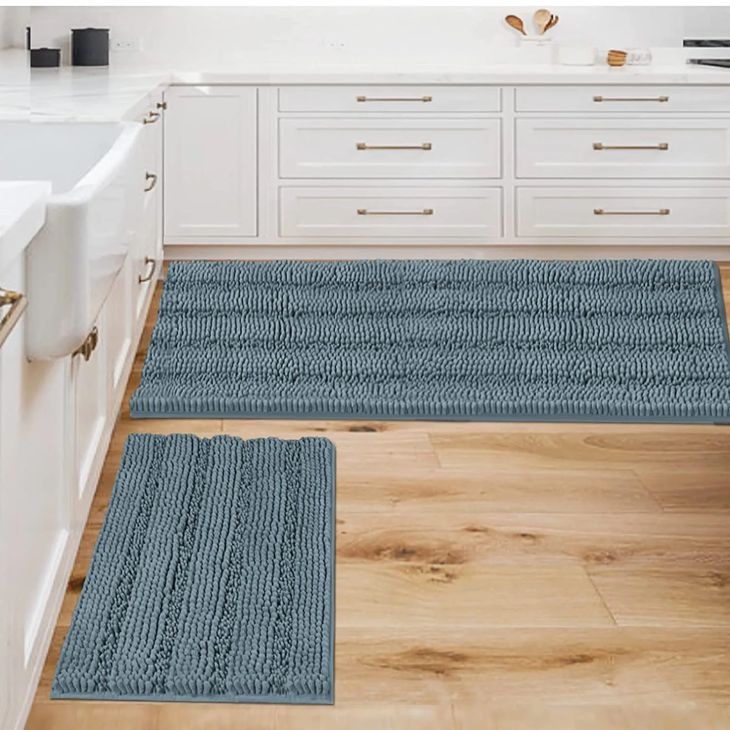 Bathroom Rugs,  Super Absorbent Chenille Striped Non Skid Machine Wash Dry Rugs, Set of 2, 47 x 17 Plus 17 x 24 Inches