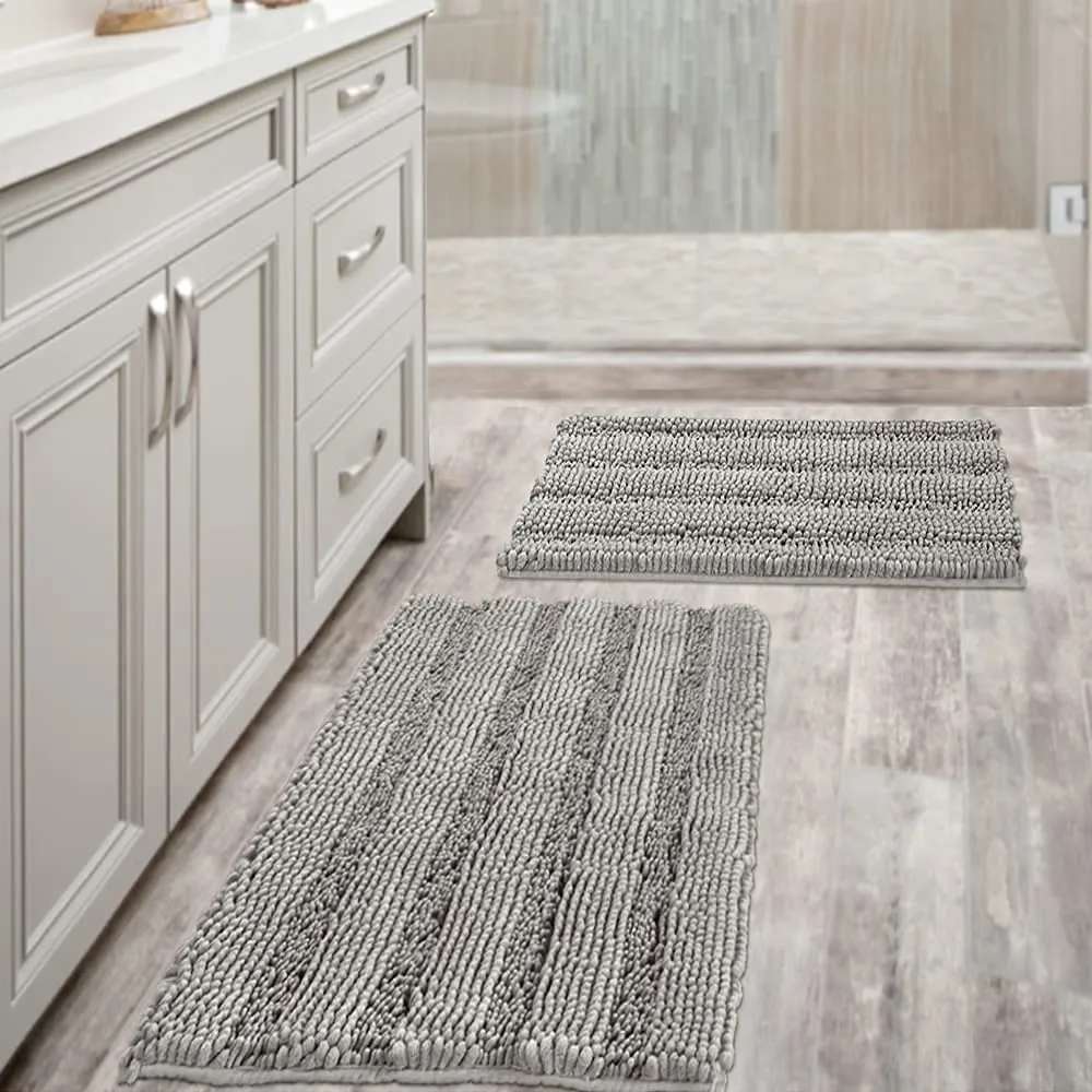 Bathroom Rugs,  Super Absorbent Chenille Striped Non Skid Machine Wash Dry Rugs, Set of 2, 47 x 17 Plus 17 x 24 Inches