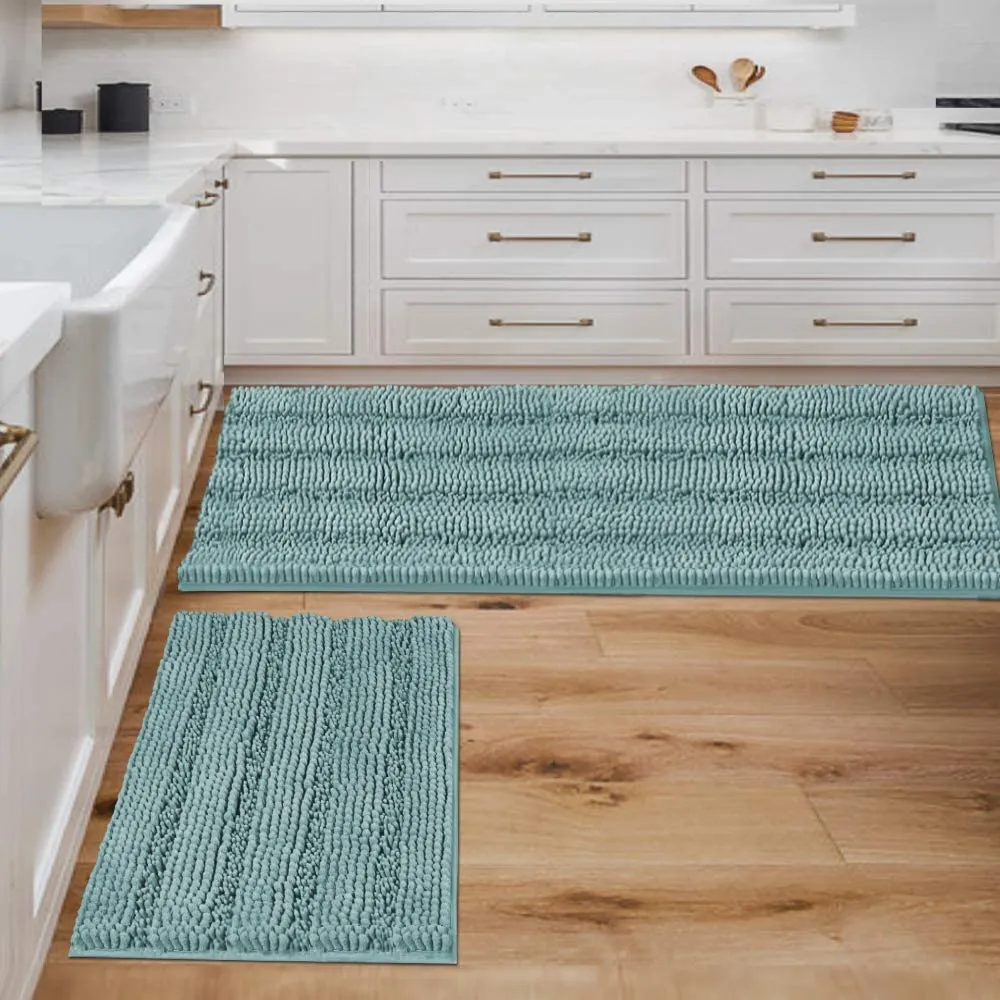 Bathroom Rugs,  Super Absorbent Chenille Striped Non Skid Machine Wash Dry Rugs, Set of 2, 47 x 17 Plus 17 x 24 Inches