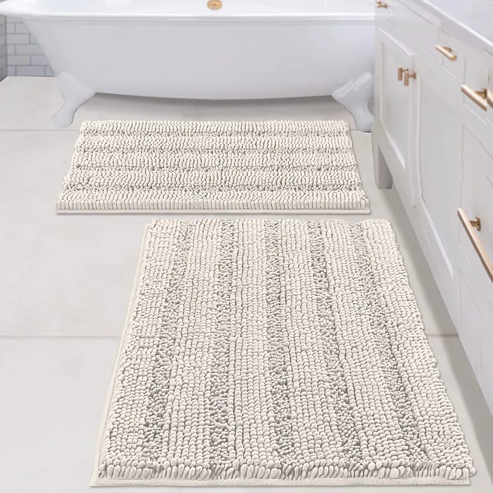 Bathroom Rugs,  Super Absorbent Chenille Striped Non Skid Machine Wash Dry Rugs, Set of 2, 47 x 17 Plus 17 x 24 Inches