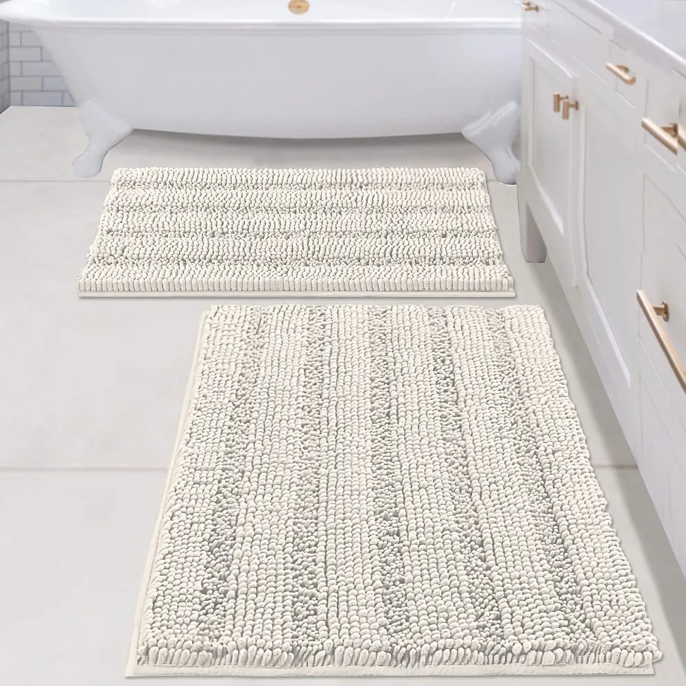 Bathroom Rugs,  Super Absorbent Chenille Striped Non Skid Machine Wash Dry Rugs, Set of 2, 47 x 17 Plus 17 x 24 Inches