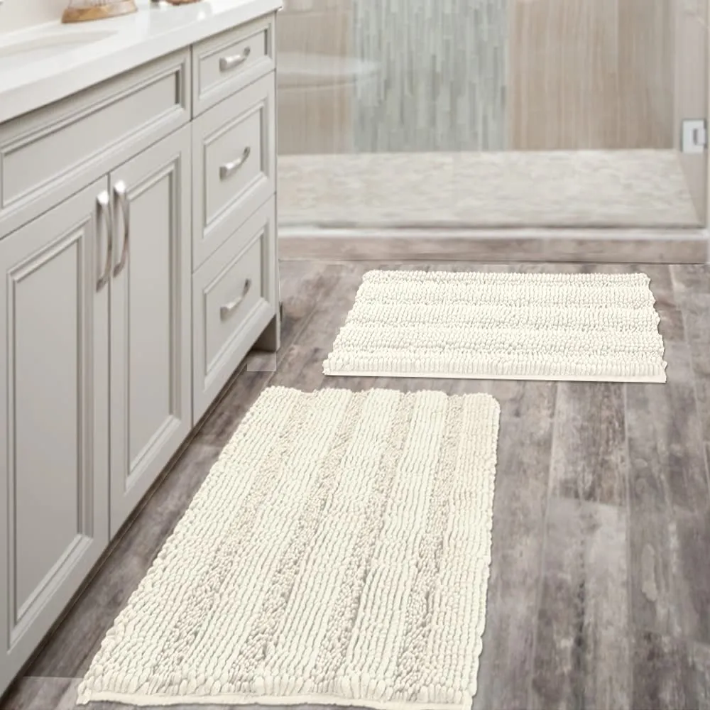 Bathroom Rugs,  Super Absorbent Chenille Striped Non Skid Machine Wash Dry Rugs, Set of 2, 47 x 17 Plus 17 x 24 Inches