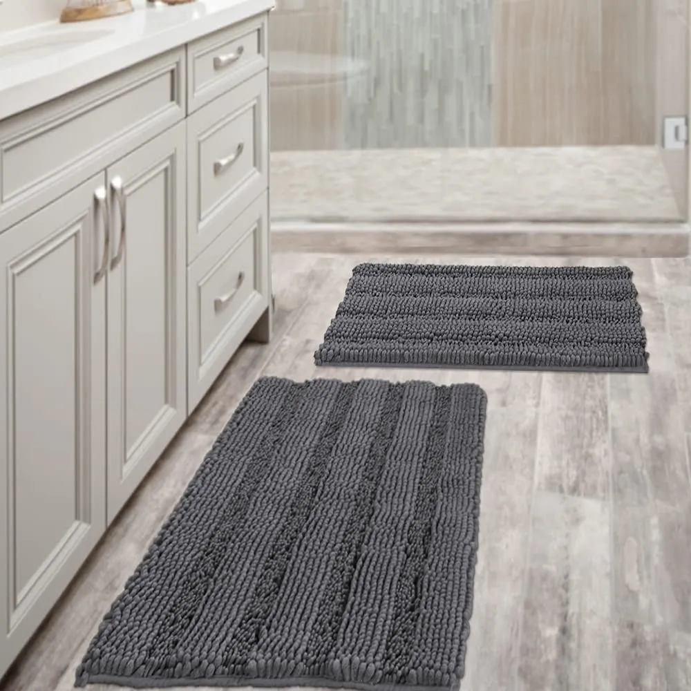 Bathroom Rugs,  Super Absorbent Chenille Striped Non Skid Machine Wash Dry Rugs, Set of 2, 47 x 17 Plus 17 x 24 Inches