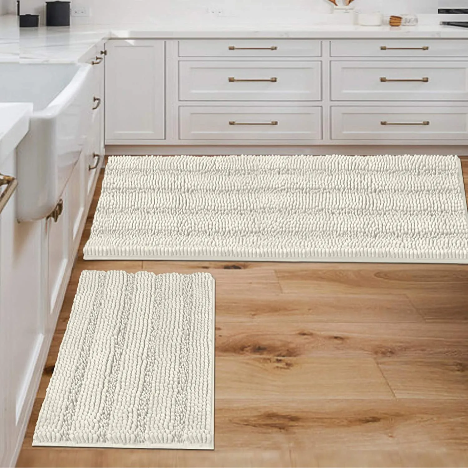 Bathroom Rugs,  Super Absorbent Chenille Striped Non Skid Machine Wash Dry Rugs, Set of 2, 47 x 17 Plus 17 x 24 Inches