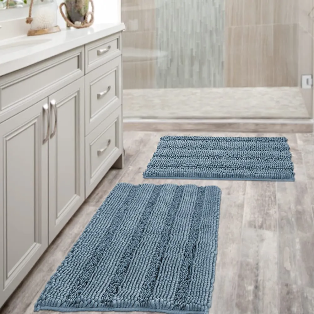 Bathroom Rugs,  Super Absorbent Chenille Striped Non Skid Machine Wash Dry Rugs, Set of 2, 47 x 17 Plus 17 x 24 Inches