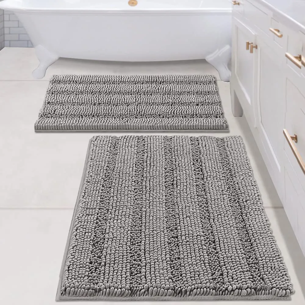 Bathroom Rugs,  Super Absorbent Chenille Striped Non Skid Machine Wash Dry Rugs, Set of 2, 47 x 17 Plus 17 x 24 Inches