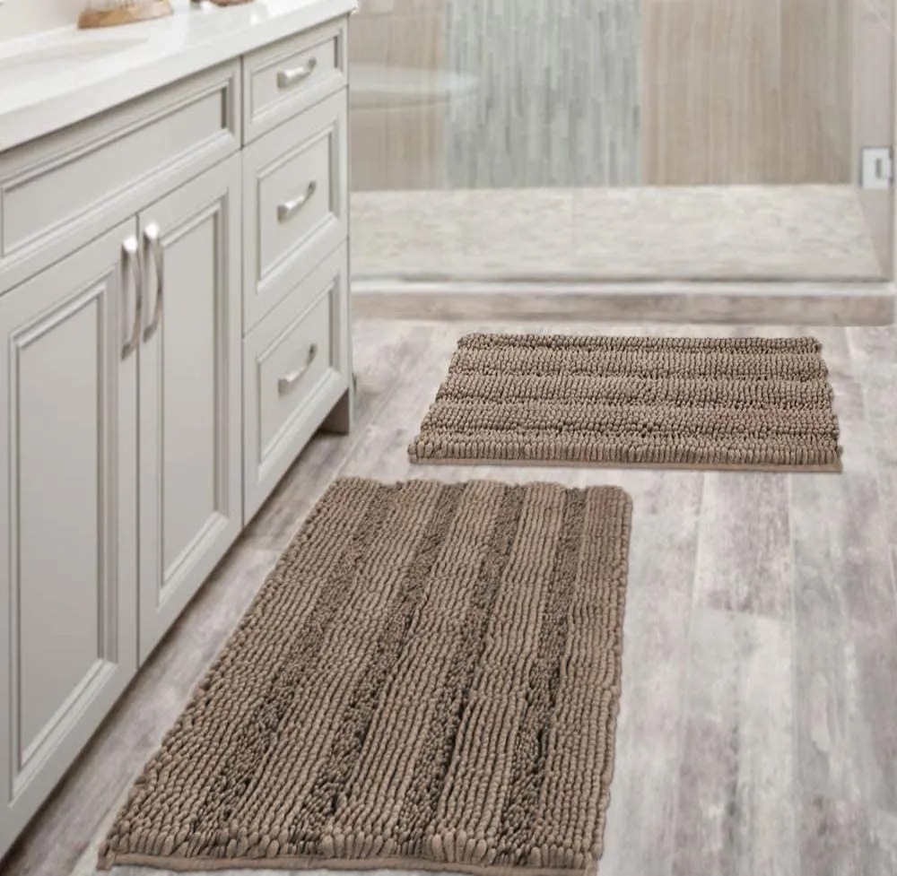 Bathroom Rugs,  Super Absorbent Chenille Striped Non Skid Machine Wash Dry Rugs, Set of 2, 47 x 17 Plus 17 x 24 Inches