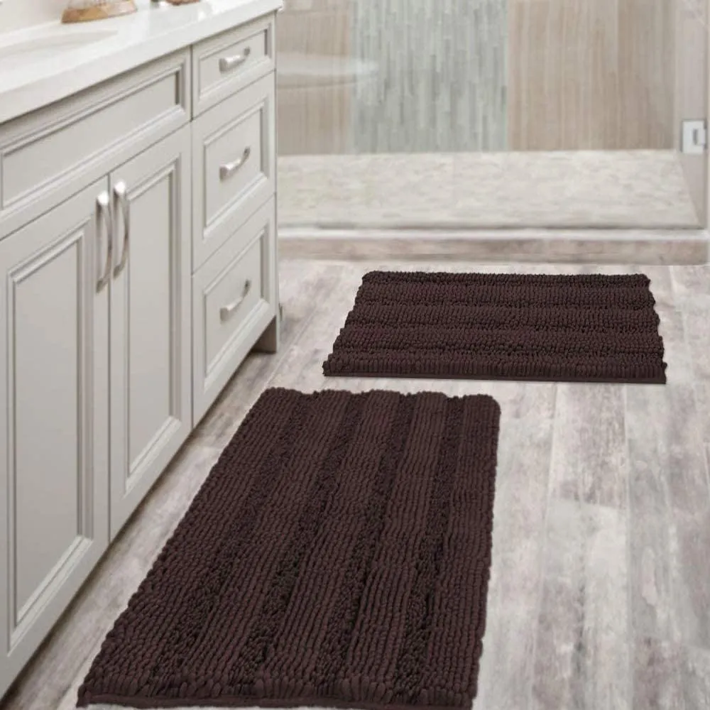 Bathroom Rugs,  Super Absorbent Chenille Striped Non Skid Machine Wash Dry Rugs, Set of 2, 47 x 17 Plus 17 x 24 Inches