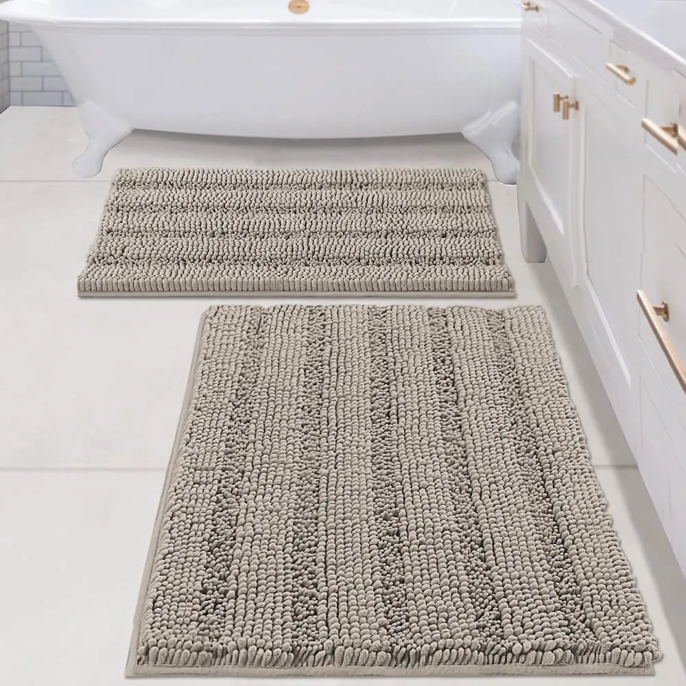 Bathroom Rugs,  Super Absorbent Chenille Striped Non Skid Machine Wash Dry Rugs, Set of 2, 47 x 17 Plus 17 x 24 Inches