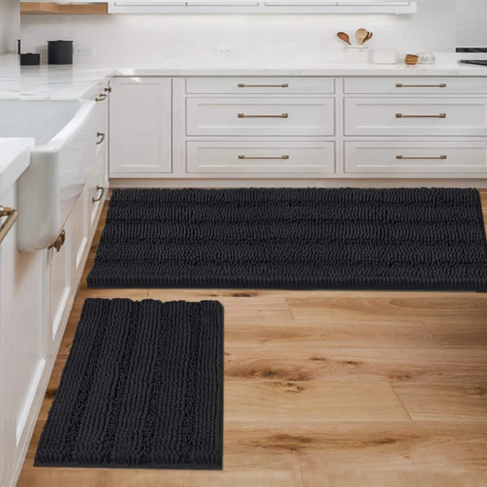 Bathroom Rugs,  Super Absorbent Chenille Striped Non Skid Machine Wash Dry Rugs, Set of 2, 47 x 17 Plus 17 x 24 Inches