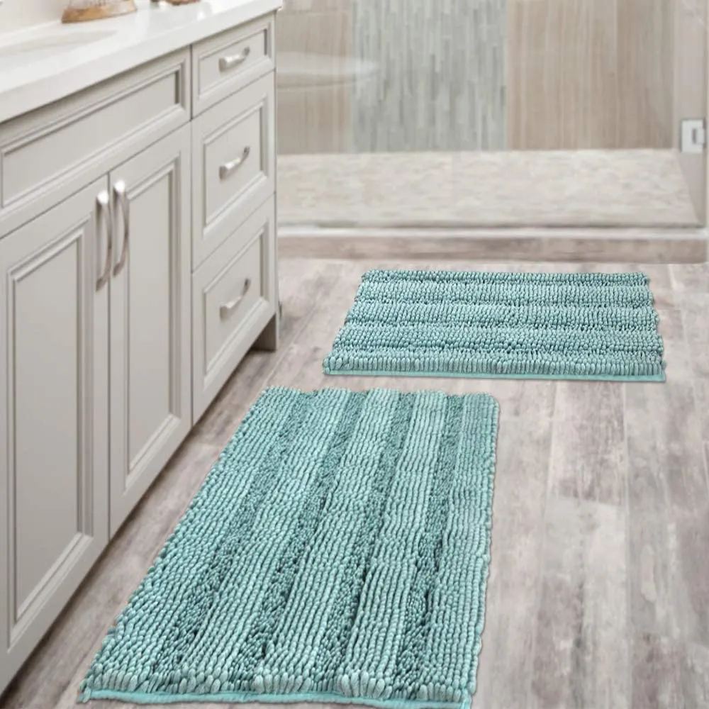 Bathroom Rugs,  Super Absorbent Chenille Striped Non Skid Machine Wash Dry Rugs, Set of 2, 47 x 17 Plus 17 x 24 Inches