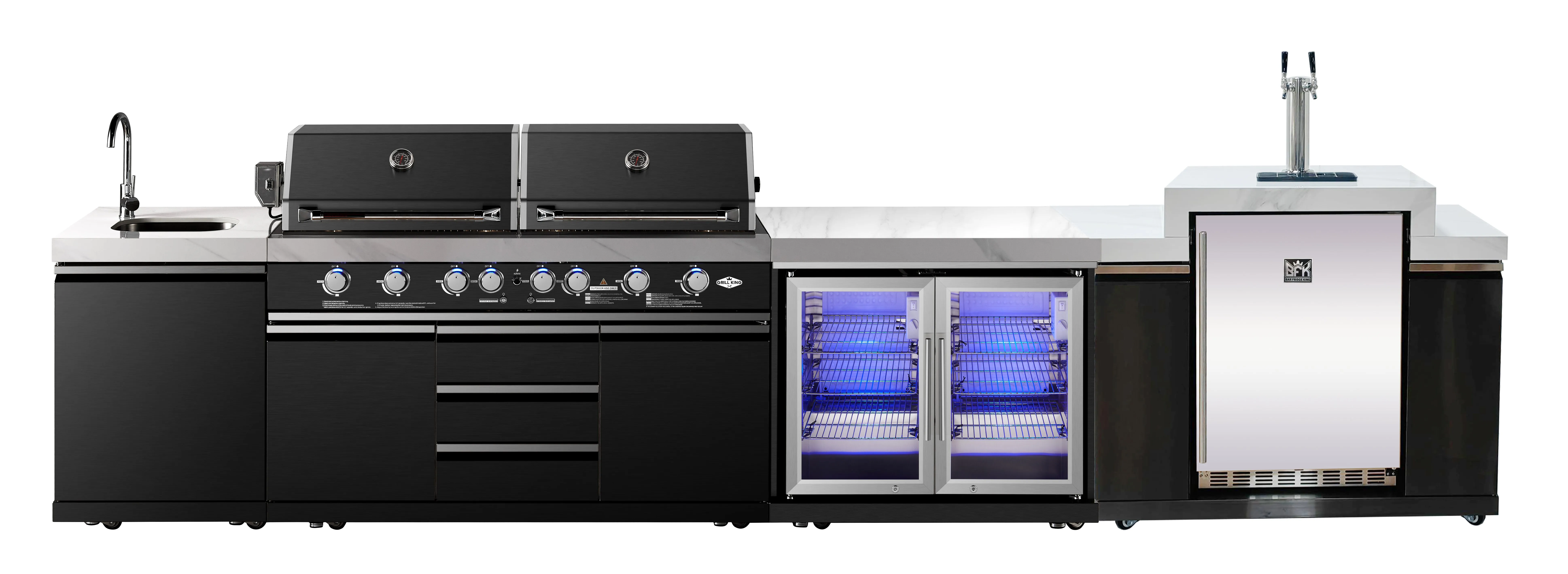 Element Twin Hood 8-Burner Outdoor BBQ Kitchen   188L Kegerator : Graphite Stainless Steel, Stone Bench, Fridge, Sink, Height Adjustable, Rotisserie with BBQ Cover