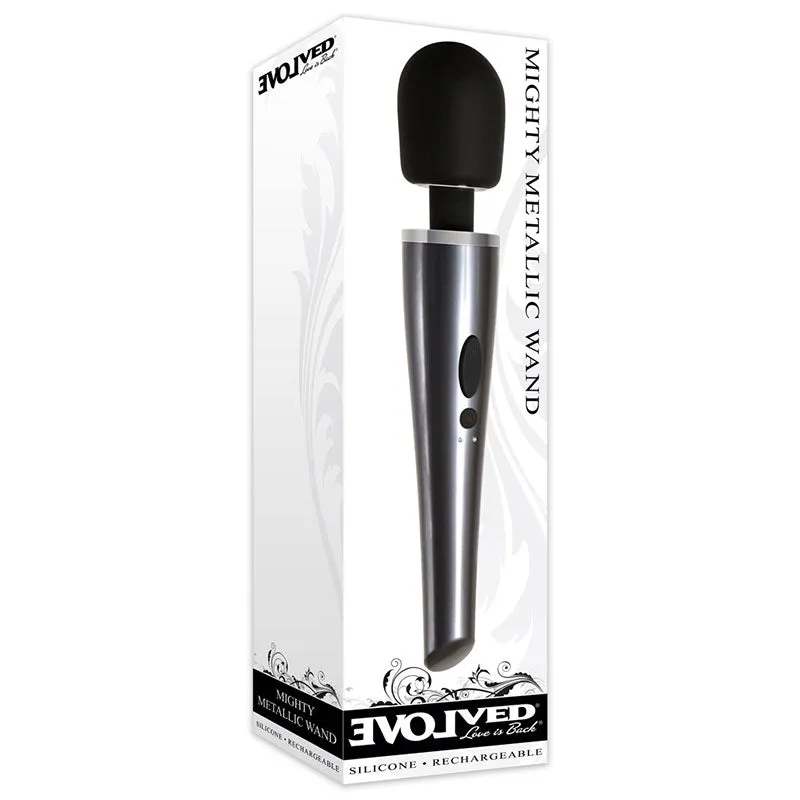 Evolved Mighty Metallic Wand Rechargeable Silicone Wand Vibrator Chrome/Black