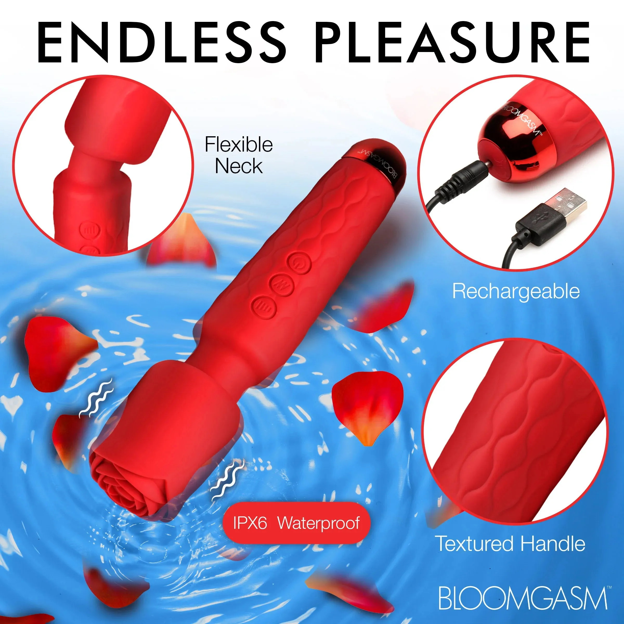 Pleasure Rose 10x Silicone Wand with Rose Attachment - Red