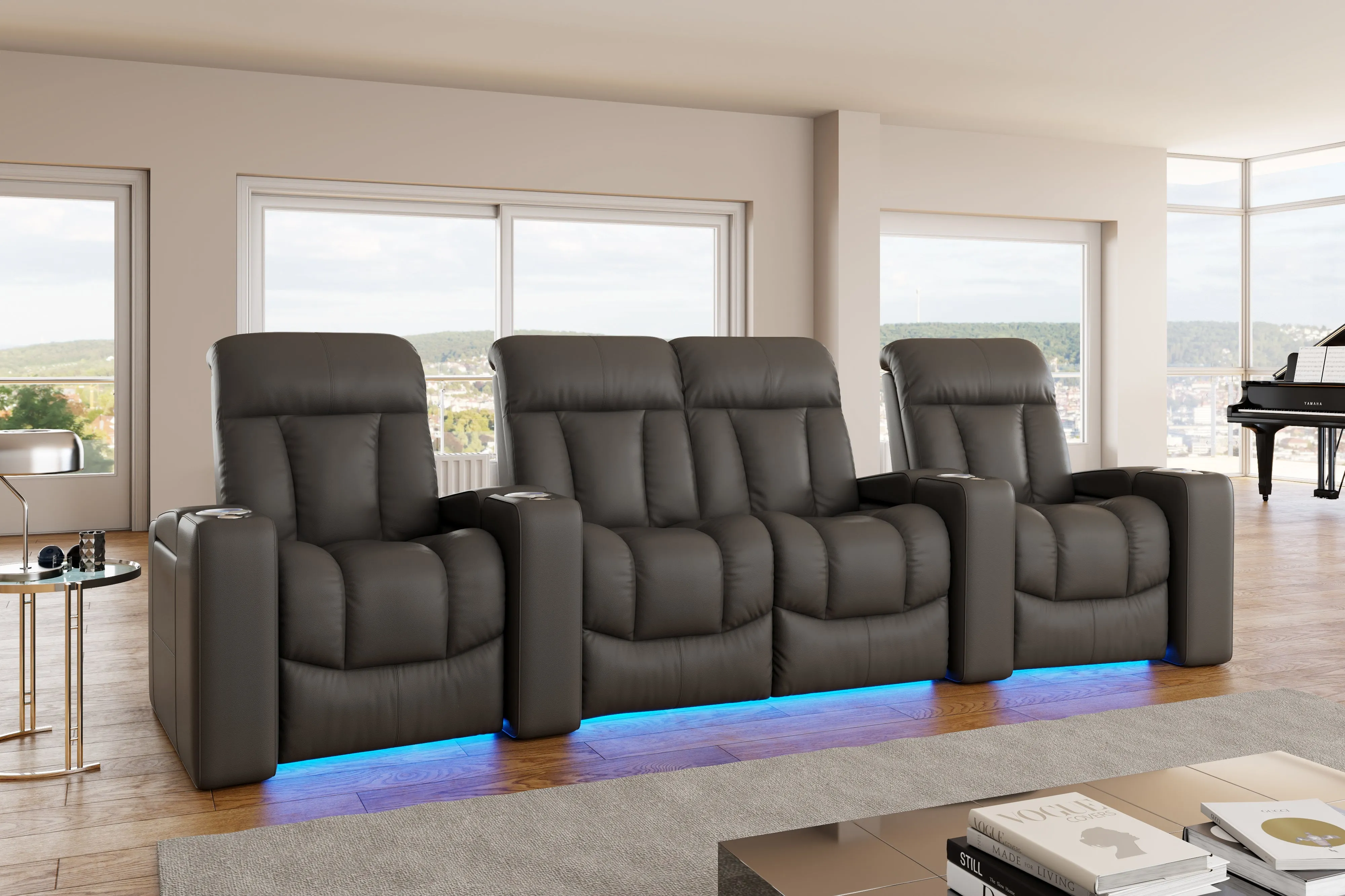 Valencia Olivia Top Grain Leather Row of 5 Home Theater Seating, Cloudy Grey