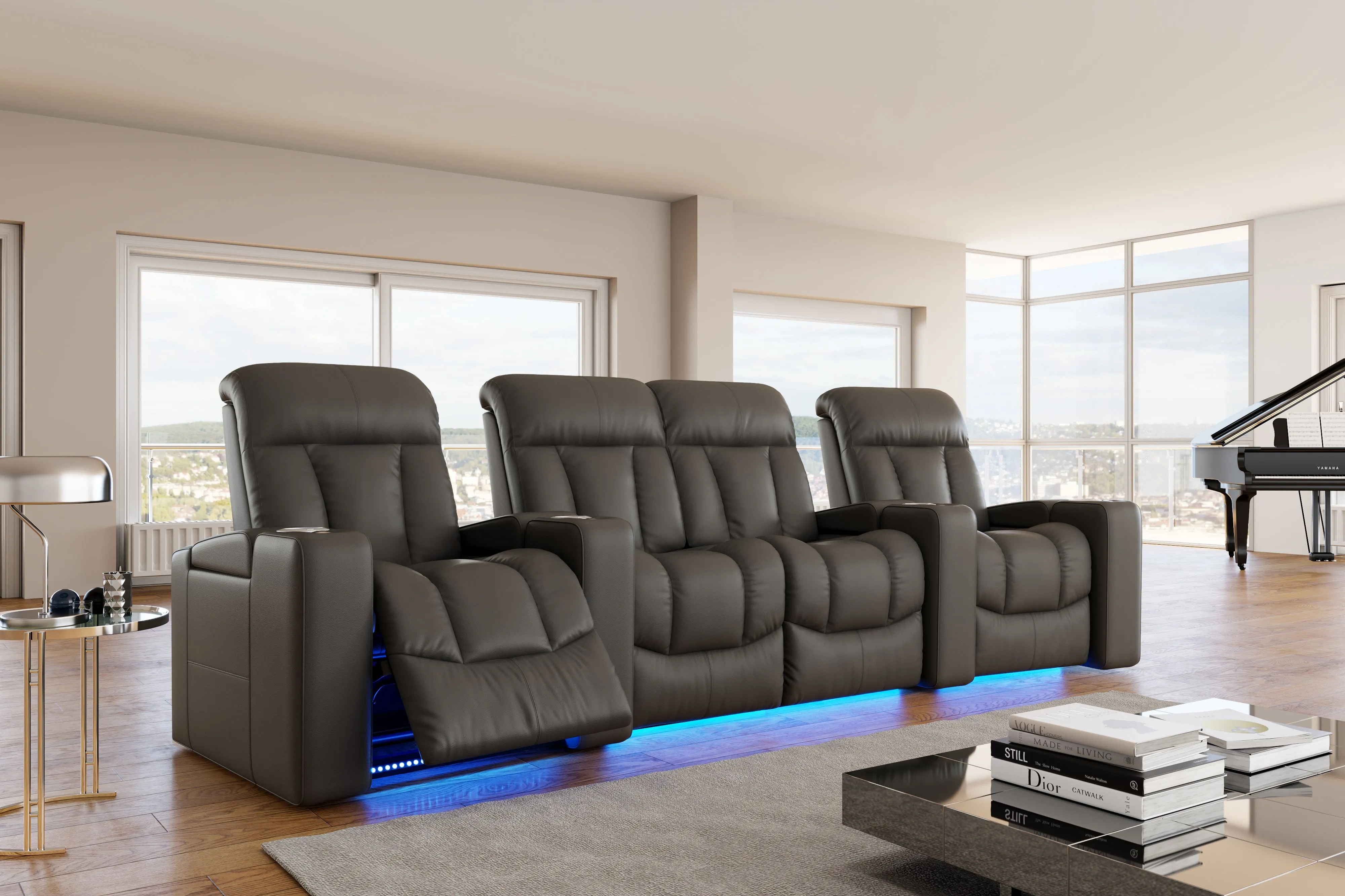 Valencia Olivia Top Grain Leather Row of 6 Home Theater Seating, Cloudy Grey