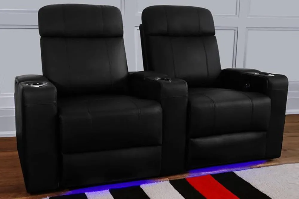 Valencia Piacenza Leather Home Theater Seating Power Headrest Row of 5 Loveseat Right, Black