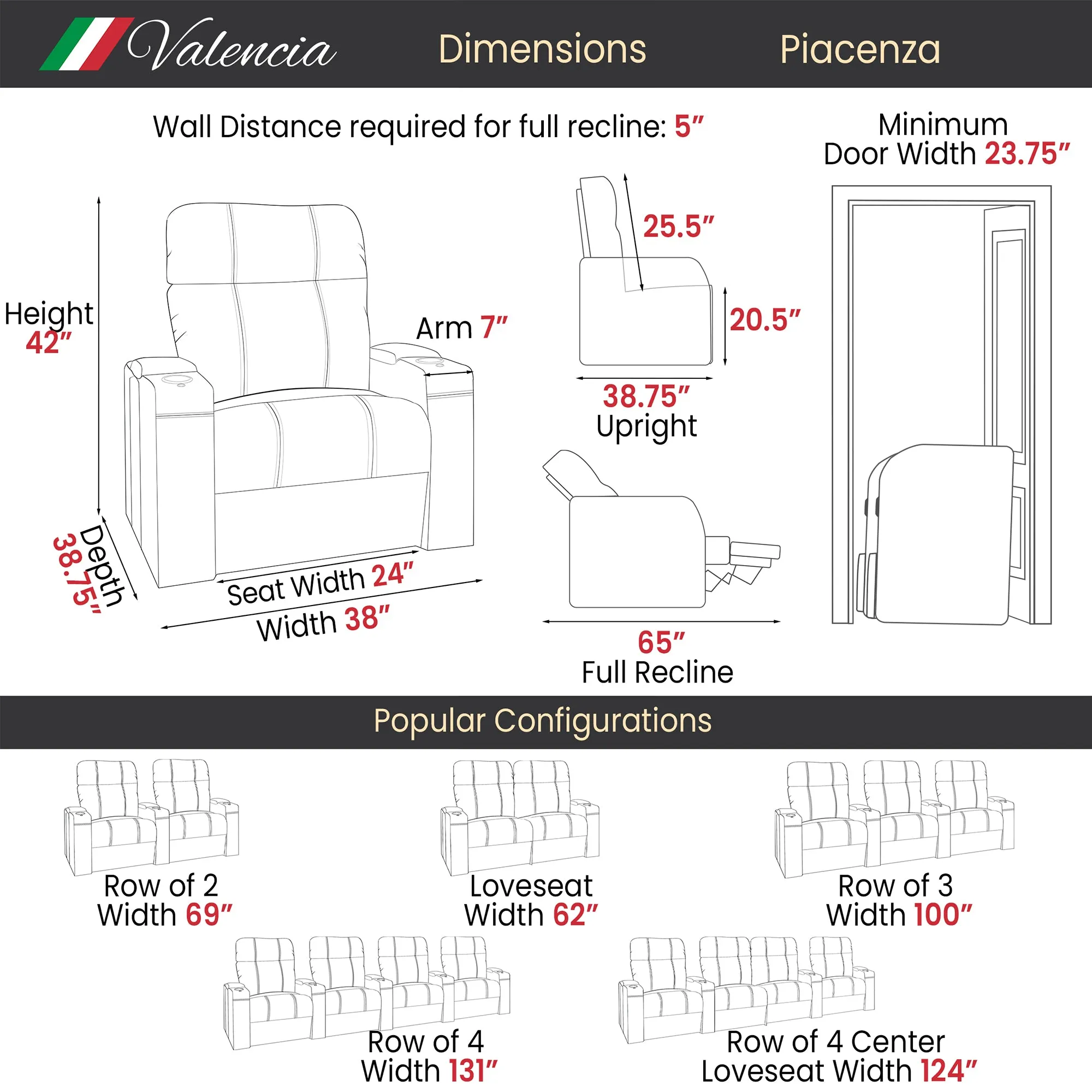 Valencia Piacenza Leather Home Theater Seating Row of 6, Black