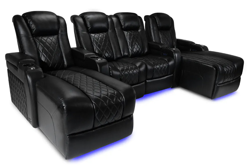 Valencia Tuscany Chaise Leather Home Theater Seating Row of 4 Loveseat Double Chaise Outside, Midnight Black