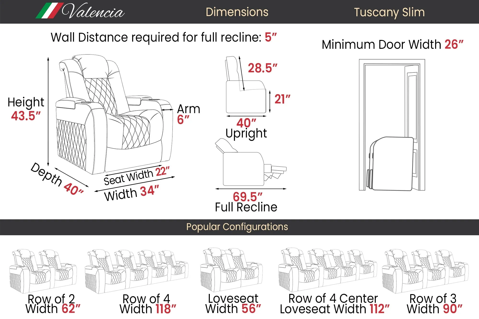 Valencia Tuscany Slim Leather Home Theater Seating Row of 2 Loveseat, Midnight Black