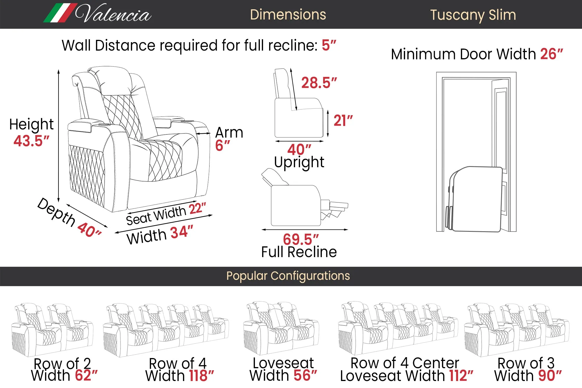 Valencia Tuscany Slim Leather Home Theater Seating Row of 2, Midnight Black