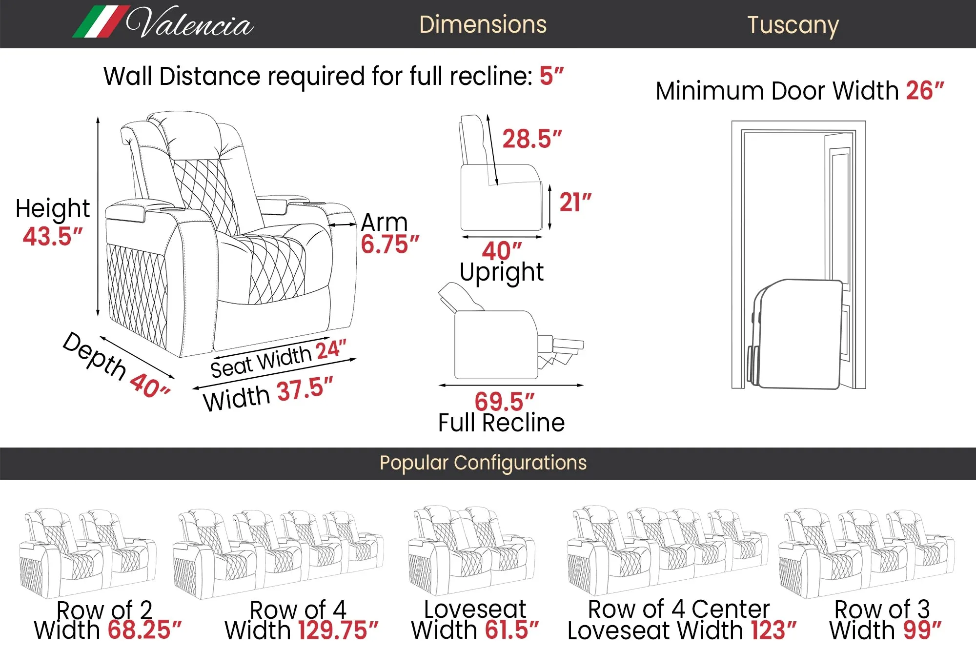 Valencia Tuscany Vegan Leather Home Theater Seating Row of 4, Dark Truffle