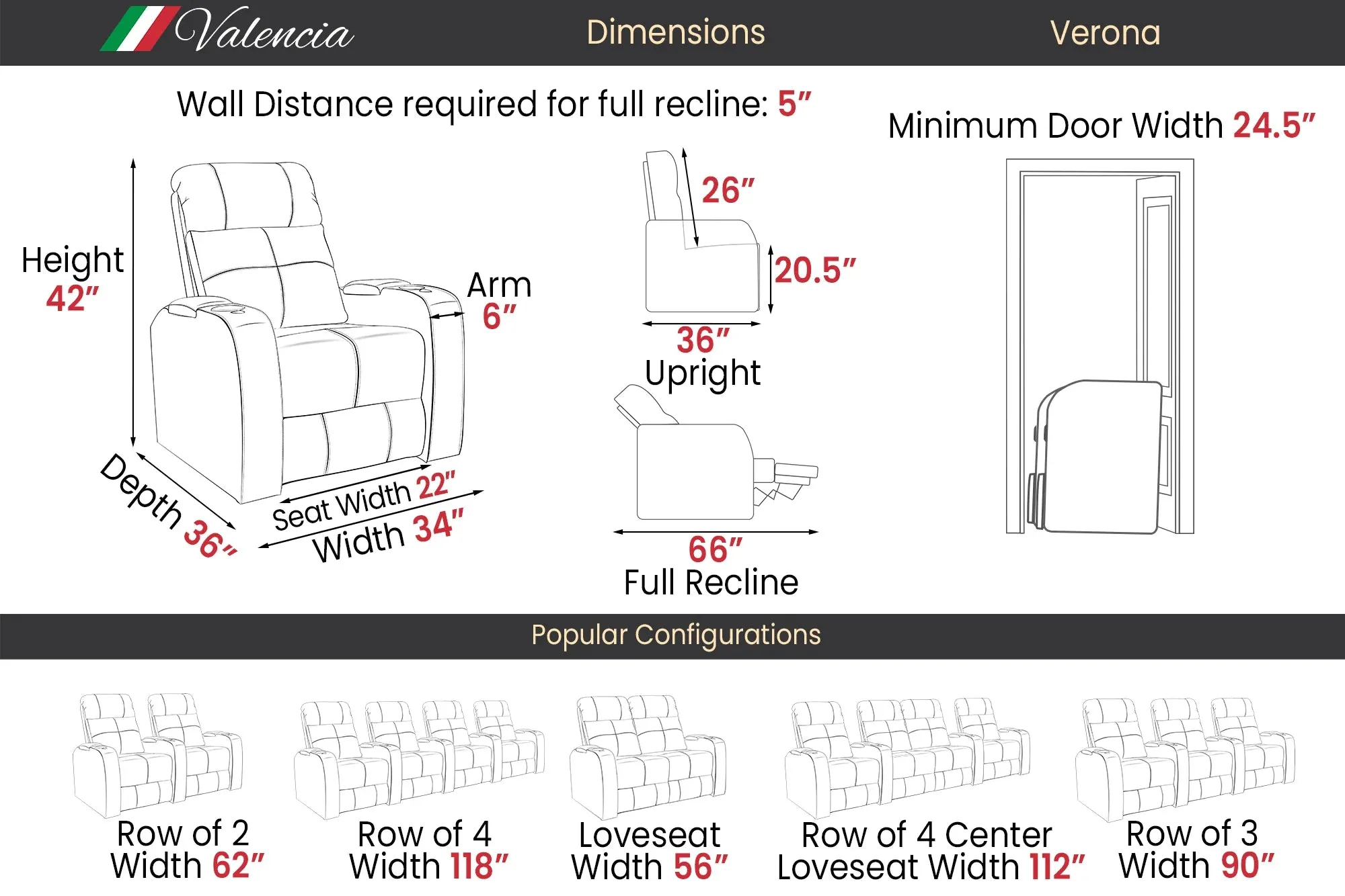 Valencia Verona Leather Home Theater Seating Power Headrest Row of 2 Loveseat, Black